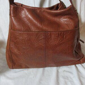 AMERICAN LEATHER CO. Tooled FLORAL Leather Shoulder Bag Satchel BROWN Ethnic